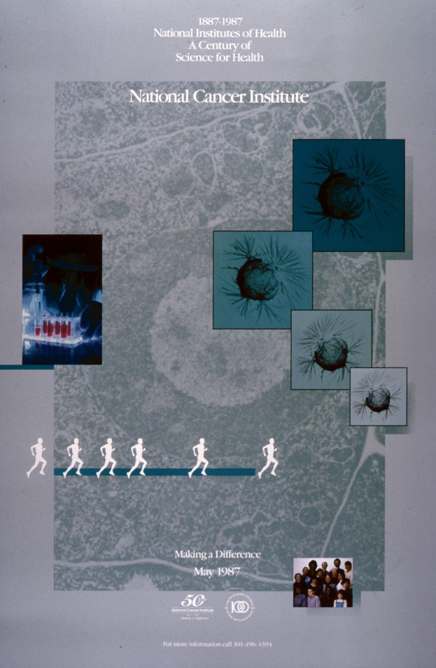 Buntes Plakat mit einem blauen Hintergrund und weißer Schrift, die "National Cancer Institute" in fetten, großen Buchstaben liest, umgeben von überlappenden Kreisbildern von lächelnden Menschen verschiedenen Alters, Geschlechts und Ethnien.