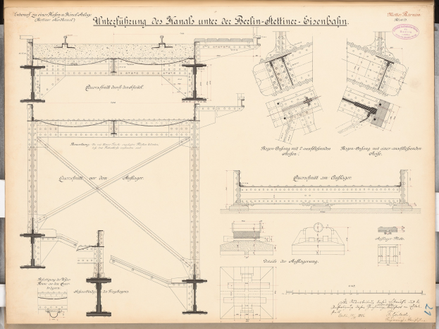 Ausführlicher architectural drawing of the Berlin-Sienbahn Bridge, featuring structural plans and annotations on paper.