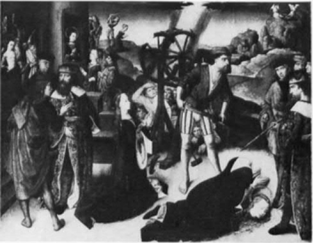 Ein Schwarz-Wei├č-Gem├Ąlde einer Gruppe von Menschen in einem Raum, einige stehen und einige liegen auf dem Boden, mit einem Rad und einer Wand im Hintergrund und Text unten, der "K├╝NSTLER - Der Tod des verlorenen Sohns" lautet.