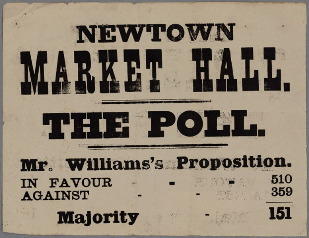 Papier mit handgeschriebener Textzeile "Newtown Market Hall, die Abstimmung, Mr. Williams' Proposition für gegen Mehrheit."
