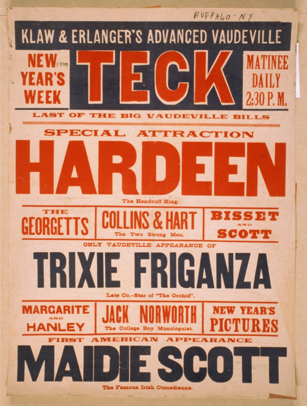 Plakat für ein Neujahrskonzert im Vaudeville Theatre in New York City, das die Veranstaltungsdetails in Textform enthält.