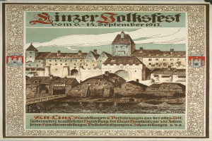 Alter deutscher Festivitätsposter mit einer Burg- und Häuserillustration, begleitet von Text.