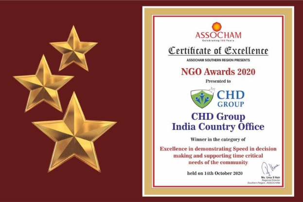 Auszeichnung für exzellenz für die NGO Awards 2020 für die CHD Group India Country Office, mit einem wappenlogo mit einem zentralen stern und einem laubkranz.