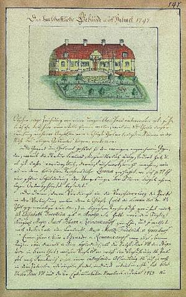 Historisches Dokument aus dem Jahr 1797 mit detaillierter Zeichnung der Schleswig-Holstein-Schule in Delmar, Deutschland, mit rotem Dach, weißen Wänden und Text zur Schulgeschichte.