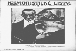 Schwarze und weiße Zeitschriftentitel 'Humoristische Liste' mit einem Mann im Anzug mit ernster Miene und einer Frau, die verschmitzt wegsieht.