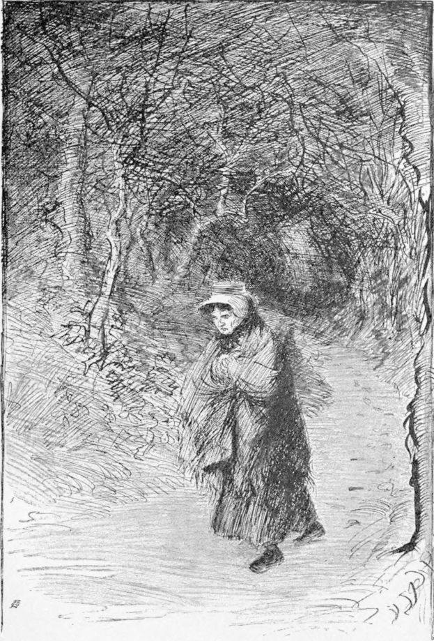 Eine ältere Frau mit Hut geht einen Waldweg entlang, umgeben von Bäumen, mit Text unten im Bild.