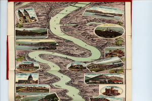 Ein altes Rheinkartenblatt aus Deutschland, gerahmt und mit Abbildungen von Gebäuden, Bäumen und Wasser.