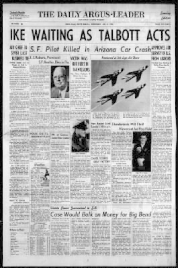 Die Titelseite der Daily Argus-Leader Zeitung aus Arizona mit schwarzem Hintergrund, der Überschrift "Ike Waiting as Talbott Acts" und mehreren Bildern von Menschen und Flugzeugen.