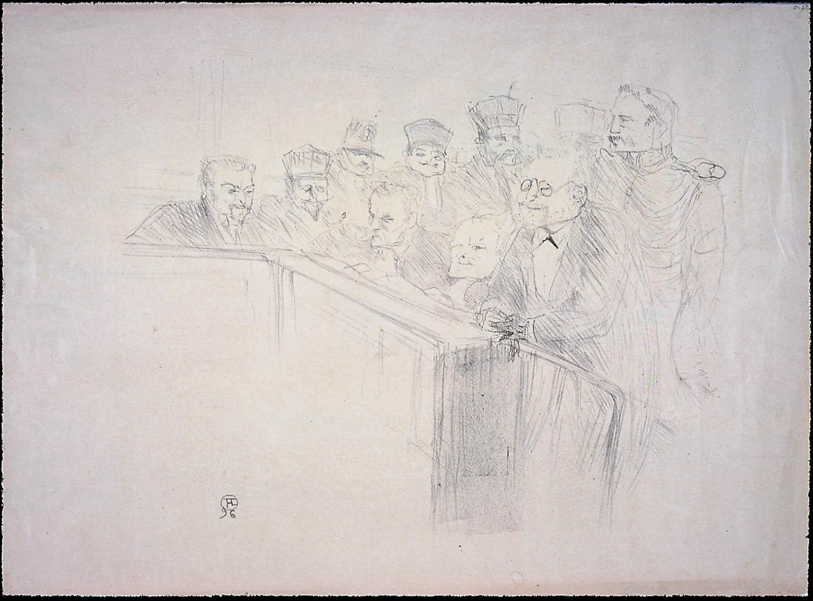 Schwarz-weiß-Zeichnung eines Gerichtssaals mit einer Gruppe von Menschen, die an einem überfüllten Tisch sitzen, einige sehen ernst oder besorgt aus.