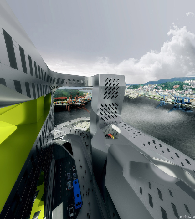 Ein Architekturgebäude mit einer Straße mit Fahrzeugen, Gruppen von Menschen, einem fließenden Fluss und einer Brücke, mit Gebäuden, Bäumen und Wolken im Hintergrund und einem Wasserzeichen in der rechten unteren Ecke.