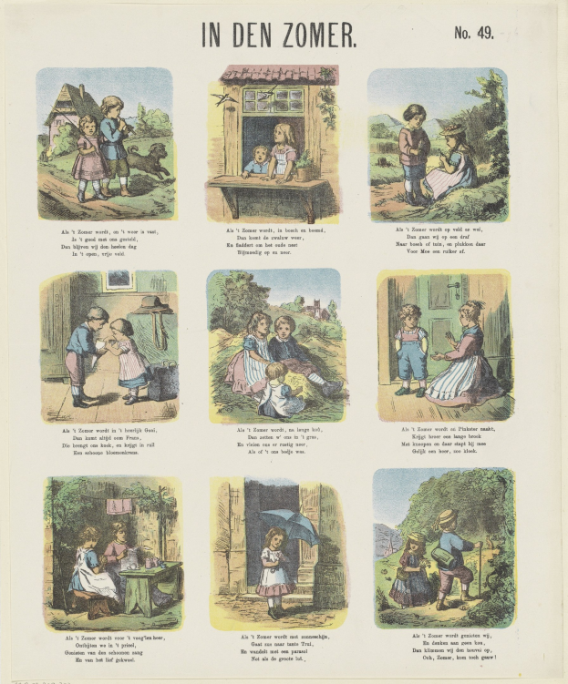 Ein buntes Kinderbild mit spielenden Kindern in einem grünen Garten mit Bäumen, die bunte Kleidung tragen und fröhlich sind, begleitet von spielerischem Text.