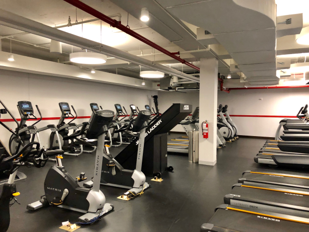 Ein Fitnessstudio-Interieur mit einer Reihe von Laufbändern und Ellipsentrainern, einer Säule im Hintergrund, einem Feuerlöscher an der Wand und Deckenleuchten, das sich in einem Fitnessstudio in New York City befindet.