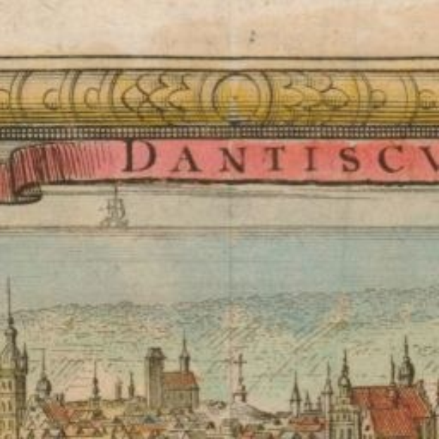 Altes Buch mit einer Stadtansicht-Illustration, die Gebäude und ein Banner mit beschreibendem Text enthält.