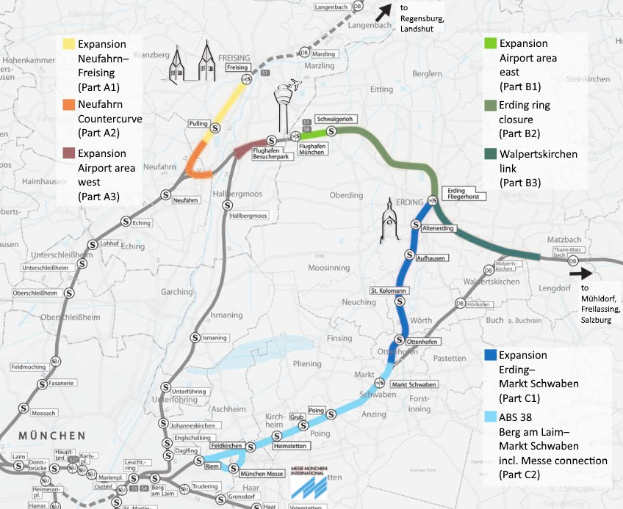 Eine detaillierte Karte einer Stadt mit einer hervorgehobenen Zugroute von München nach Frankfurt, einschließlich Haltepunkte, Umgebung und zusätzlicher Zuginformationen.