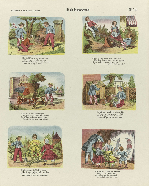 Ein aufgeschlagenes Buch mit illustrierten Kindern, die im Park spielen, umgeben von Bäumen, Gebäuden und einem Wagen, mit zusätzlichem Text auf der Seite.