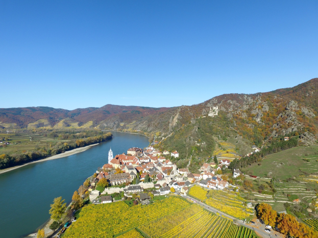 Ein kleines Dorf in einem Tal, umgeben von grünen Hügeln und Weinbergen, gelegen am Rhein, mit Gebäuden, Bäumen und Fahrzeugen im Vordergrund unter einem blauen Himmel.