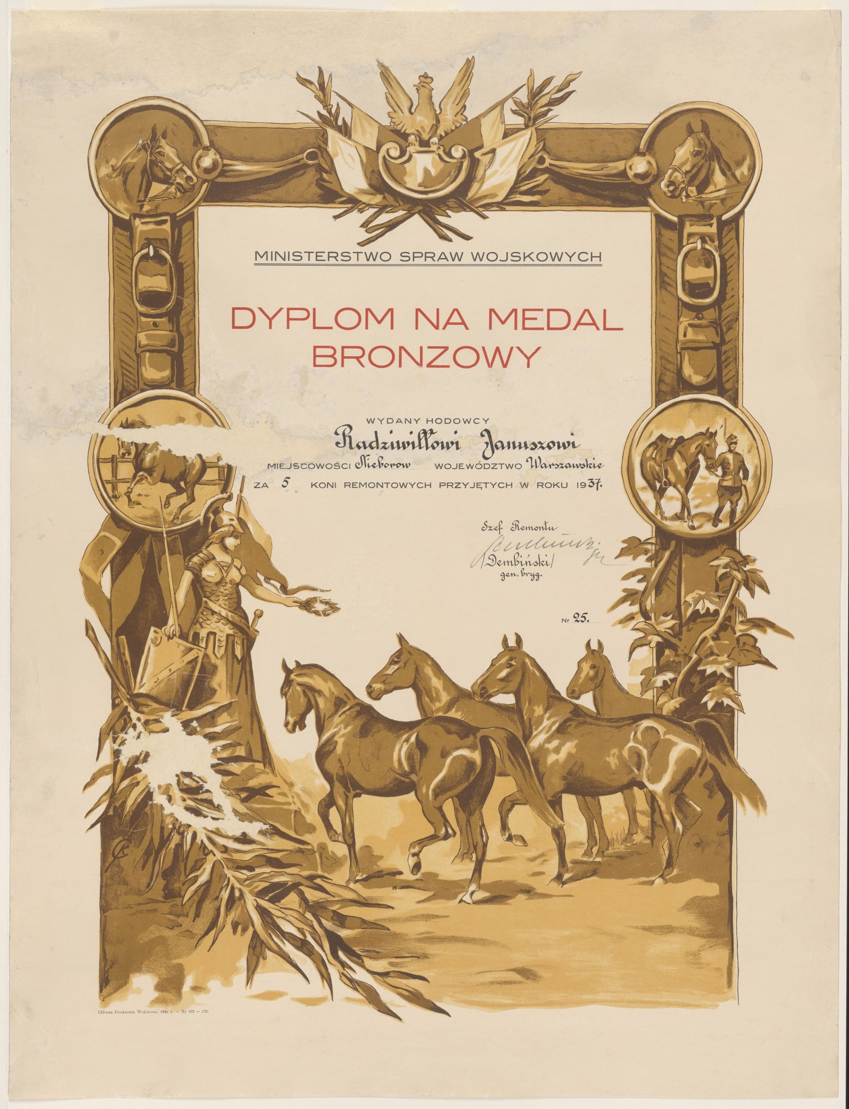 Ein Plakat zeigt eine Gruppe von Pferden, die in einem Feld galoppieren, mit dem Text "Dyplom na Medal Bronzowy", der eine Medaillenverleihung ankündigt.