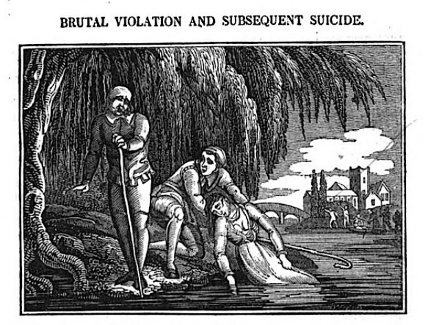 Schwarzes und weißes Bild eines Mannes, der mit einem Stock über einer Frau steht, die auf dem Boden liegt, mit Bäumen, Gebäuden und einem bewölkten Himmel im Hintergrund; Text oben und unten lautet "brutale Vergewaltigung und anschließender Suizid."