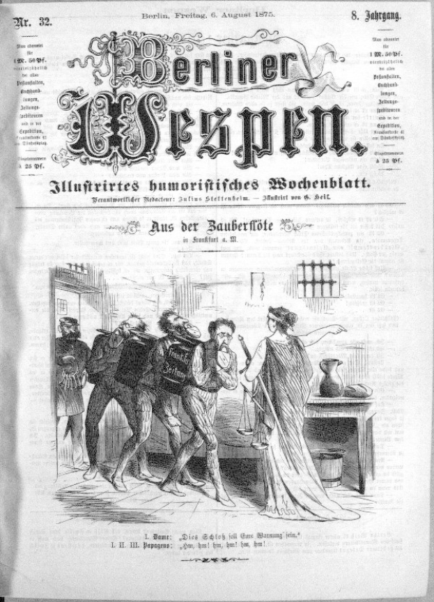 Schwarze und Wei├če Zeitung vom 6. August 1875 mit der ├ťberschrift "Berliner Wespen", die eine besorgte Gruppe von Menschen zeigt, einige schauen nach oben in Angst und andere nach unten in Verwirrung.