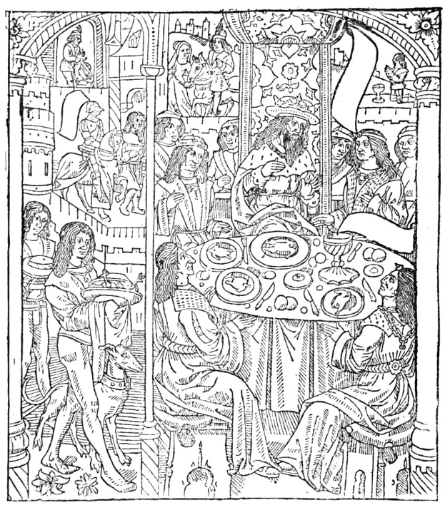 Eine Schwarz-Weiß-Zeichnung eines mittelalterlichen Festmahls mit Menschen um einen Tisch mit Tellern, Essen und Gegenständen sowie Text unten.