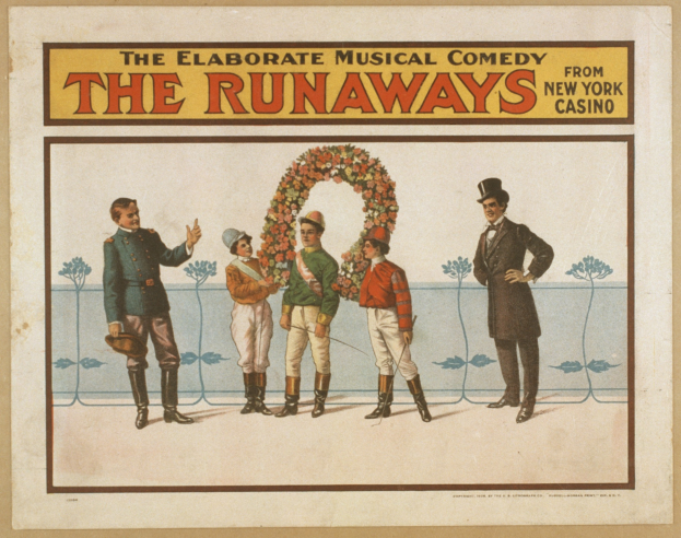 Plakat für "Elaborate Musical Comedy Runaways from New York Casino" mit einer Gruppe von Menschen in einer Reihe, einer Person mit einem Blumenstrauß und Textbeschreibung.