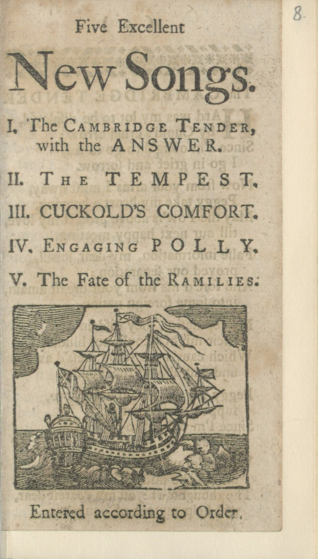 Altes Buchcover mit einem Schiff auf Wasser und dem Text "Fünf ausgezeichnete neue Lieder" und blauem Himmel mit Wolken.