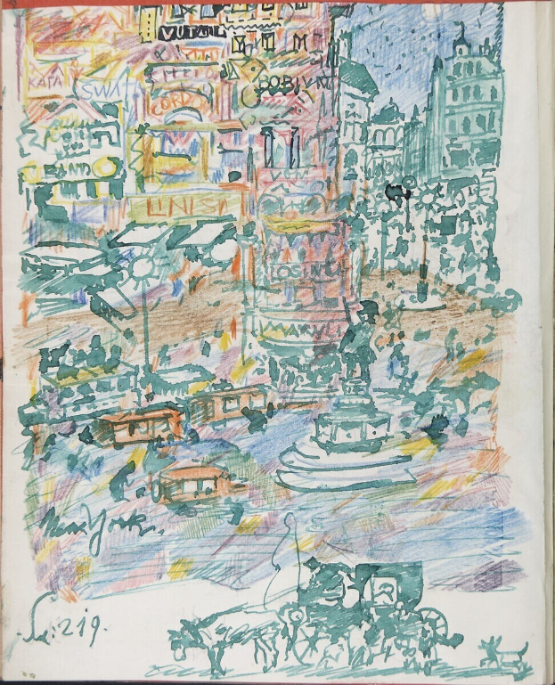 Ein Buchumschlag mit einer detaillierten Stadtansicht-Illustration mit Gebäuden, Fahrzeugen, Menschen und einem Brunnen, begleitet von Text.