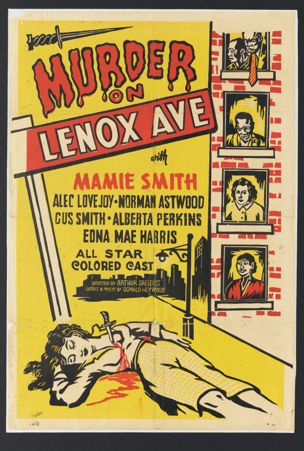 Ein Filmplakat für "Mord auf Lenox Avenue", das eine Frau zeigt, die auf dem Boden liegt und von Bildern anderer Menschen umgeben ist.