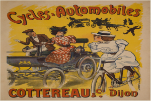 Plakat wirbt für Fahrräder und Automobile in Cottereau und Dijon, Frankreich, zeigt Menschen auf Fahrrädern und eine Kutsche mit "Fahrräder und Automobile" oben drauf.