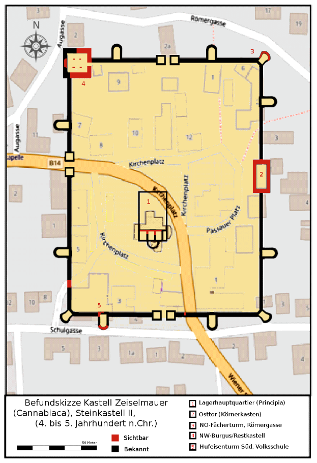 Eine detaillierte Karte von Heidelberg, Deutschland, die den Standort der Kastell Zeiselmauer in der Mitte hervorhebt, mit Straßen, Gebäuden und Sehenswürdigkeiten beschriftet.