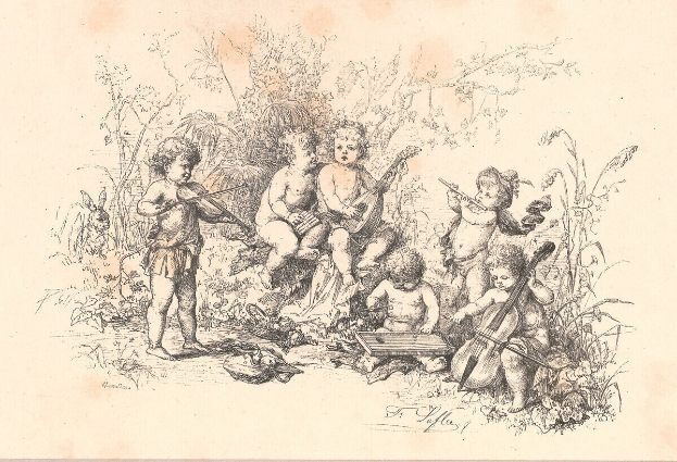 Eine Gruppe von Kindern, die verschiedene Musikinstrumente wie eine Gitarre, eine Geige und ein Schlagzeug in einem bewaldeten Gebiet spielen.