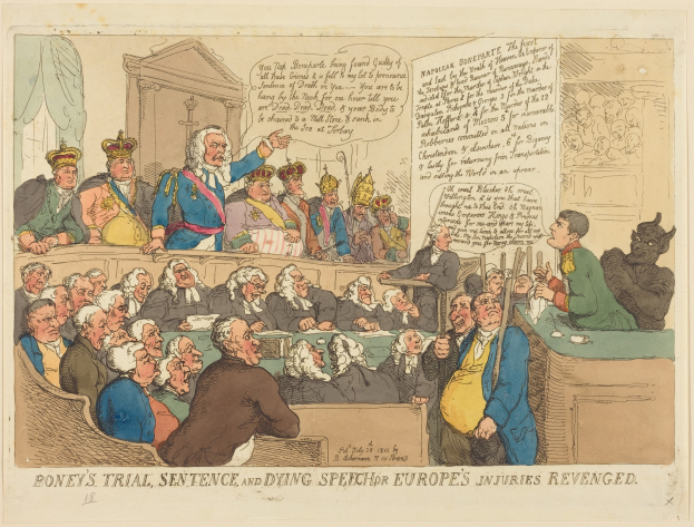 Cartoon-Gerichtsszene mit einem zentralen stehenden Mann, sitzenden Figuren, einem Tisch mit Gegenständen auf der rechten Seite und Text, der unten "Boney's Trial, Sentence and Dying Speech Europe's Injuries Revenged" liest.