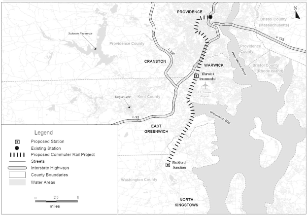 Schwarze und weiße Stadtkarte mit einem Fluss, beschriftet mit "Vorgeschlagenes S-Bahn-Projekt" auf der linken Seite, die Straßen, Autobahnen und andere städtische Merkmale zeigt.