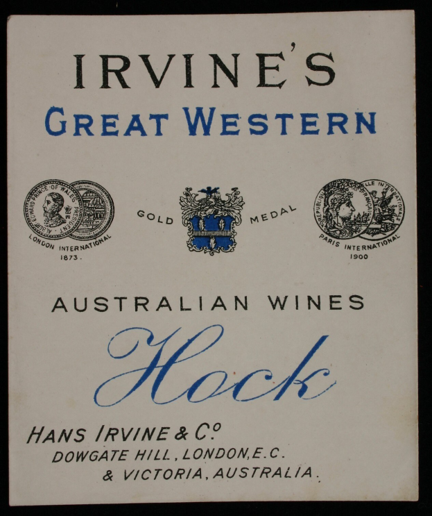 Plakat, das "Irvines Große Western Australian Wines Hock" bewirbt, mit Unternehmenslogos, wahrscheinlich verschiedene Weinsorten.