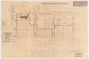 Schwarze und weiße architektonische Zeichnung des Rosenhof-Krankenhauses in Hamburg, Deutschland, die detaillierte Layouts mit zahlreichen Drähten, Räumen, Fluren und Textanmerkungen zeigt.