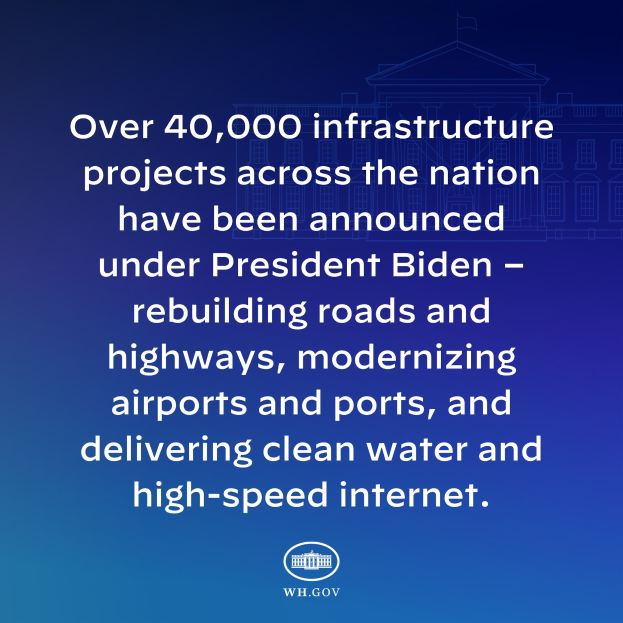 Blauer Hintergrund mit weißer Schrift, die besagt "über 40.000 Infrastrukturprojekte bundesweit angekündigt unter Präsident Biden" und ein Logo unten.