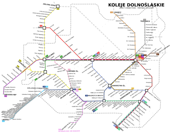 Ein detaillierter Plan des Koleje Dolnośląskie Metro Systems in Polen, der Routen, Haltestellen und Linien zeigt.