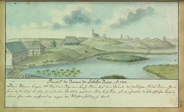 Eine Malerei, die einen Fluss mit einem Schloss im Hintergrund zeigt, umgeben von Häusern, Bäumen, Pflanzen und Gras, unter einem bewölkten Himmel, mit der Inschrift 'Prospect des Düsseldorf der Schloss Leuen a 1804' darauf.