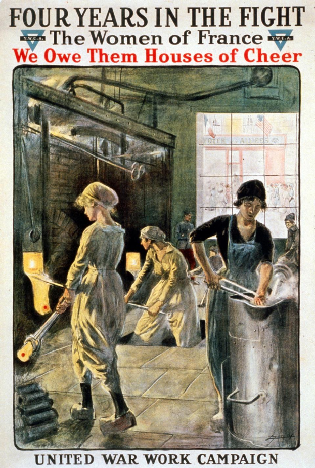 Plakat mit vier uniformierten Frauen in einer Fabrik, jede hält ein Metallobjekt, mit Text "Vier Jahre im Kampf: Die Frauen Frankreichs, denen wir Häuser der Freude schulden" und entschlossener Miene.