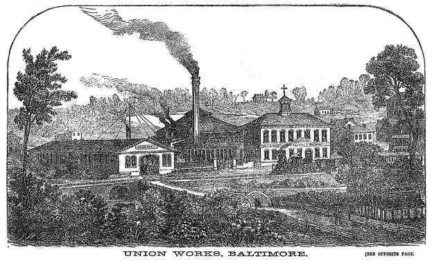 Schwarz-weiß-Zeichnung der Union Works in Baltimore, Maryland, mit Gebäuden, Bäumen und Rauch im Hintergrund und Text unten.