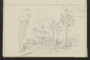 Ein offenes Skizzenbuch, das eine Zeichnung einer Gruppe von Menschen zeigt, die in einem üppigen, grünen Dschungel mit hohen Bäumen stehen, unter einem tiefblauen Himmel mit verstreuten weißen Wolken und hellerer Sonne.