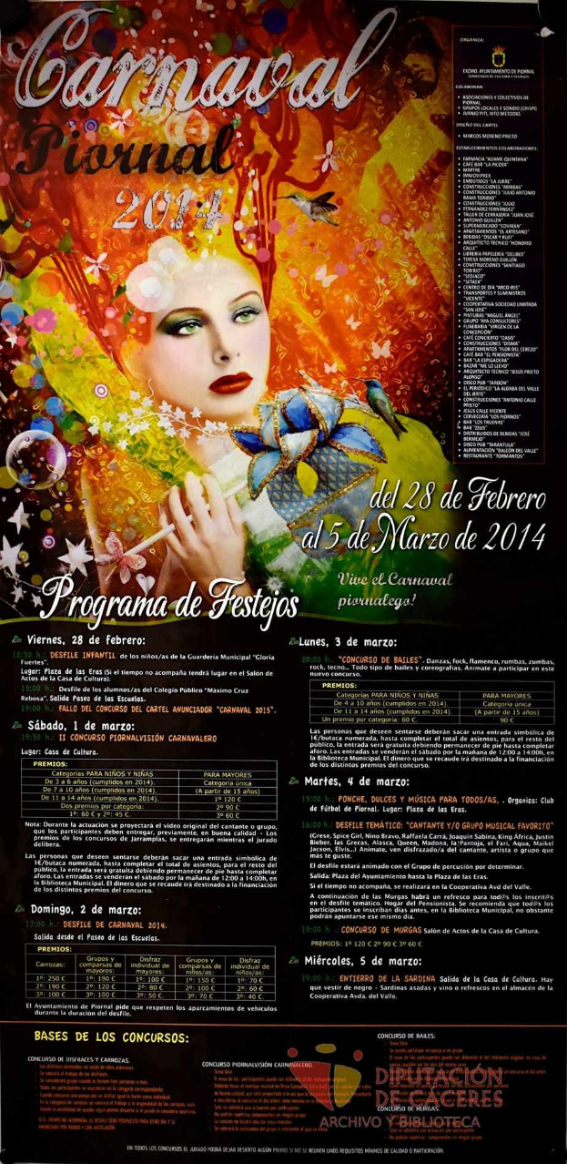 Plakat für das Karnevalsfest 2014 mit einer Frau in einem bunten Kleid, die in der Mitte strahlt, umgeben von schwarzem Text auf einem vibrierenden gelben Hintergrund.