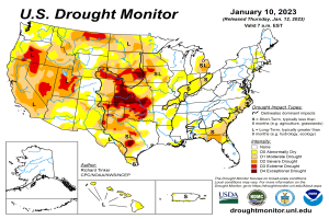 Ein Plakat, das eine Karte des U.S. Drought Monitor vom 10. Januar 2023 zeigt, mit begleitendem Text und Logos.