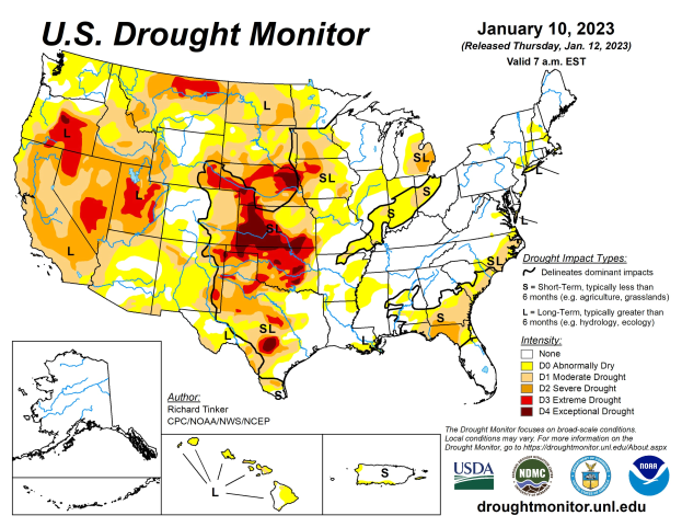 Ein Plakat, das eine Karte des U.S. Drought Monitor vom 10. Januar 2023 zeigt, mit begleitendem Text und Logos.