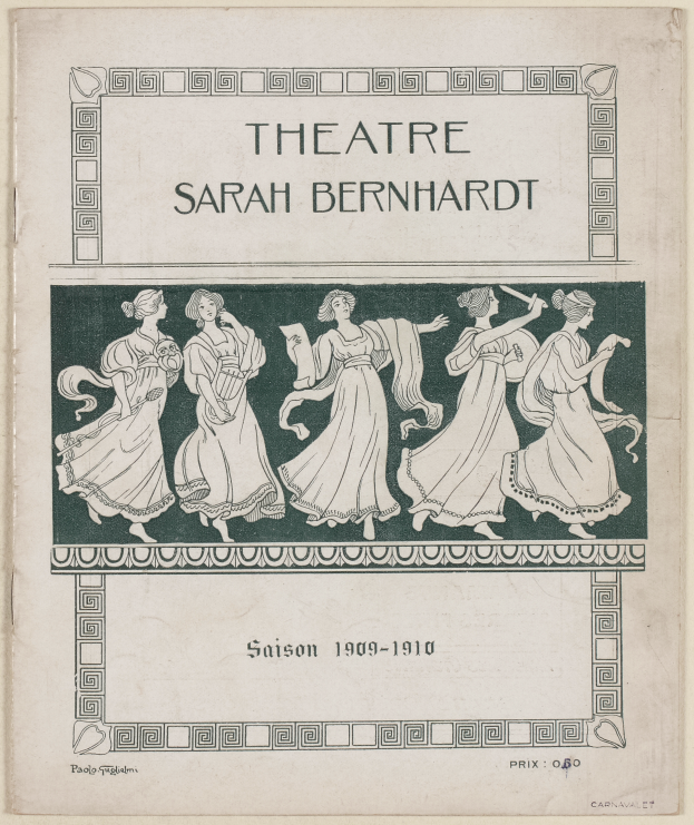 Ein Vintage-Plakat des Theaters Sarah Bernhardt aus dem Jahr 1909-1910, das eine Gruppe von Frauen in der Mitte mit beschreibendem Text zeigt.