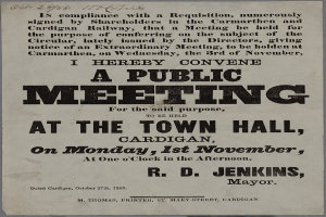 Öffentliche Ankündigung für die Gemeinderatssitzung in Cardigan am Montag, den 1. November 1858.