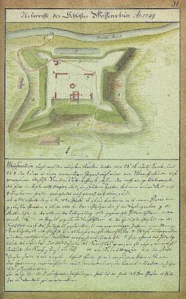 Ein altes Stadtplan von Stuttgart, Deutschland, das ein Schloss in der Mitte zeigt, mit begleitendem Text, der Details zum Schloss wie Größe, Lage und weitere Merkmale beschreibt.