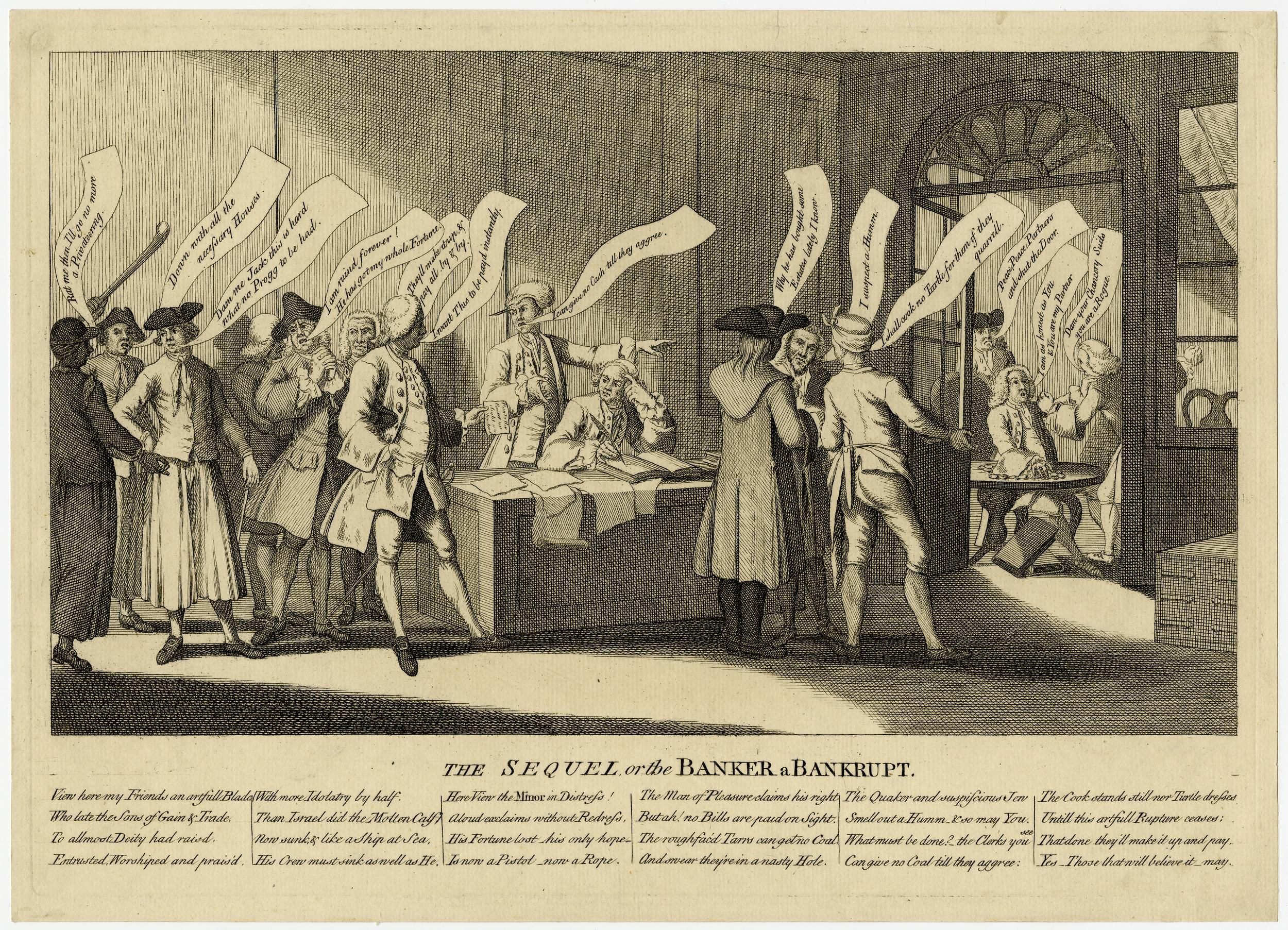 Eine Gruppe von Menschen steht um einen Tisch mit Papieren, mit zusätzlichen Papieren und Gegenständen auf dem Tisch, einer Wand und einer Tür im Hintergrund und Text unten lesend "Die Fortsetzung der Banker's Bankruptcy"