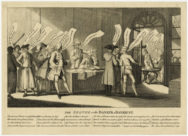Eine Gruppe von Menschen steht um einen Tisch mit Papieren, mit zusätzlichen Papieren und Gegenständen auf dem Tisch, einer Wand und einer Tür im Hintergrund und Text unten lesend "Die Fortsetzung der Banker's Bankruptcy"