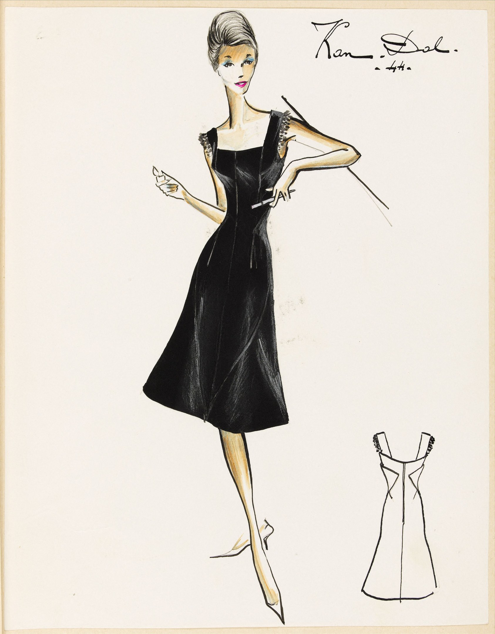 Schwarze und weiße Zeichnung einer Frau in einem eng anliegenden schwarzen Kleid mit einem ausladenden Rock, schwarzen High Heels und einem eleganten Dutt, geschaffen von Jean Paul Gaultier.